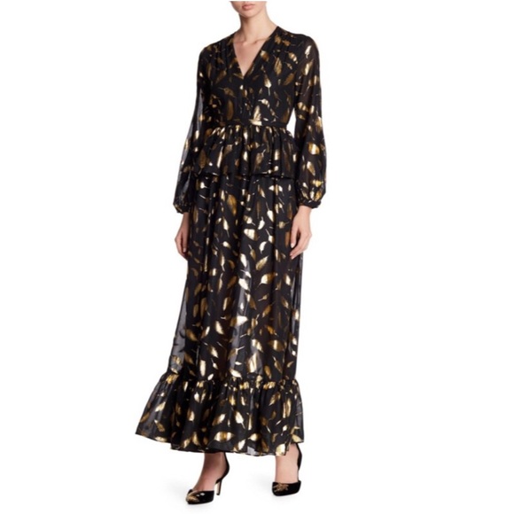 Gracia Gold Leaf Print Ruffle Long Sleeve Maxi Dress Size‎ S - Picture 1 of 6